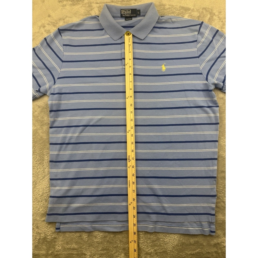 Polo Ralph Lauren Mens L Blue Striped Polo Shirt Yellow Pony Short Sleeve - Picture 14 of 14